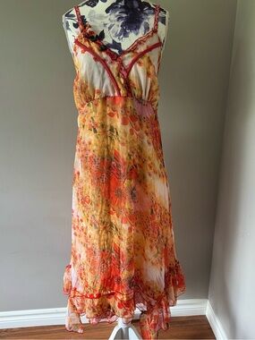 Y2K Elena Wang Orange & Pink Whimsical Button Accent Floral Maxi Dress